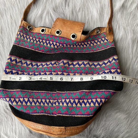 Boho chic bohemian fabric leather hobo slouchy shoulder tote bag black colorful - Picture 10 of 12